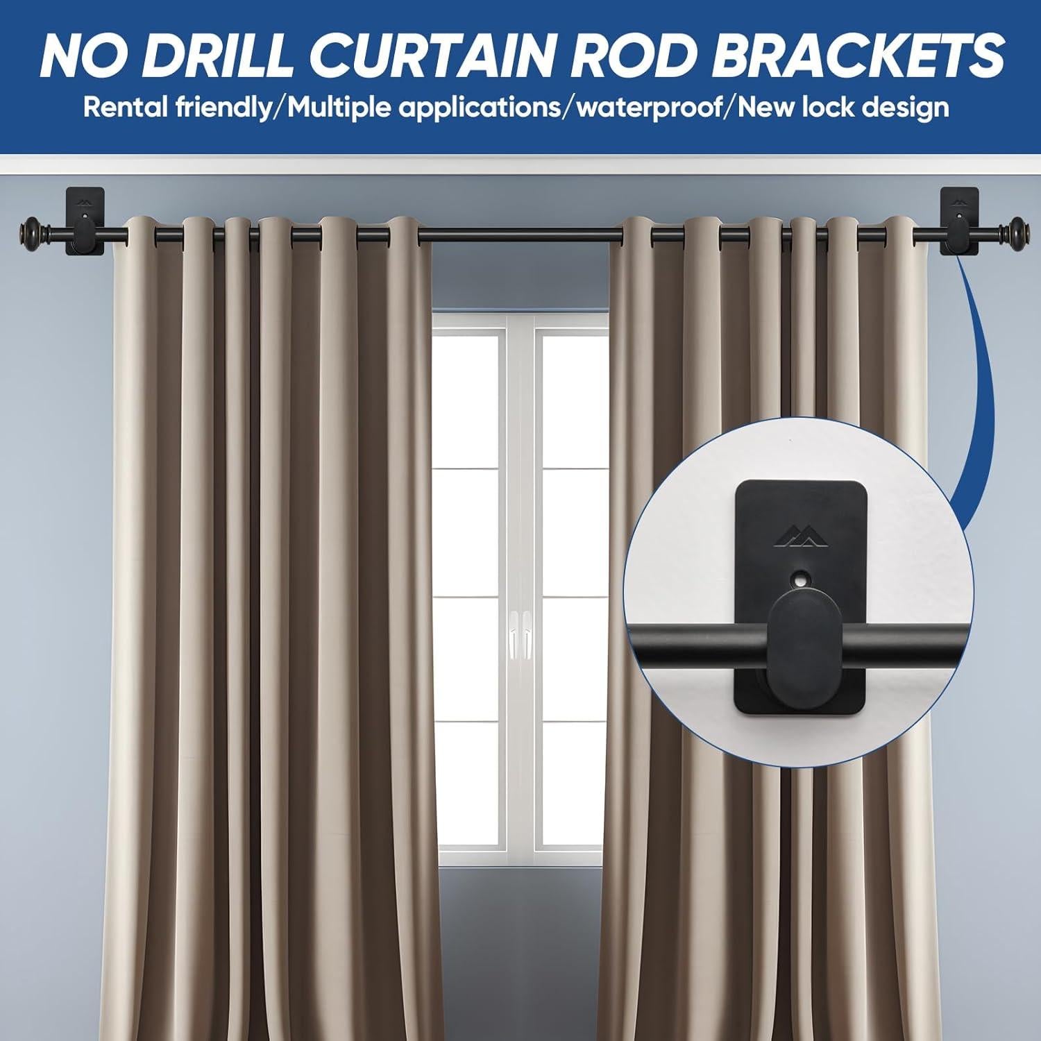 No Drill Curtain Rod Brackets Upgrade 3M Adhesive No Drilling Curtain Rod Holders Renter Friendly Curtain Rod Hooks Nail Free Suitable for Poles 5/8 Inch (2Pcs Black)