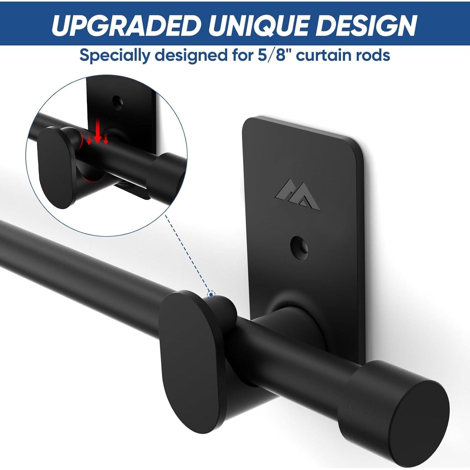No Drill Curtain Rod Brackets Upgrade 3M Adhesive No Drilling Curtain Rod Holders Renter Friendly Curtain Rod Hooks Nail Free Suitable for Poles 5/8 Inch (2Pcs Black)