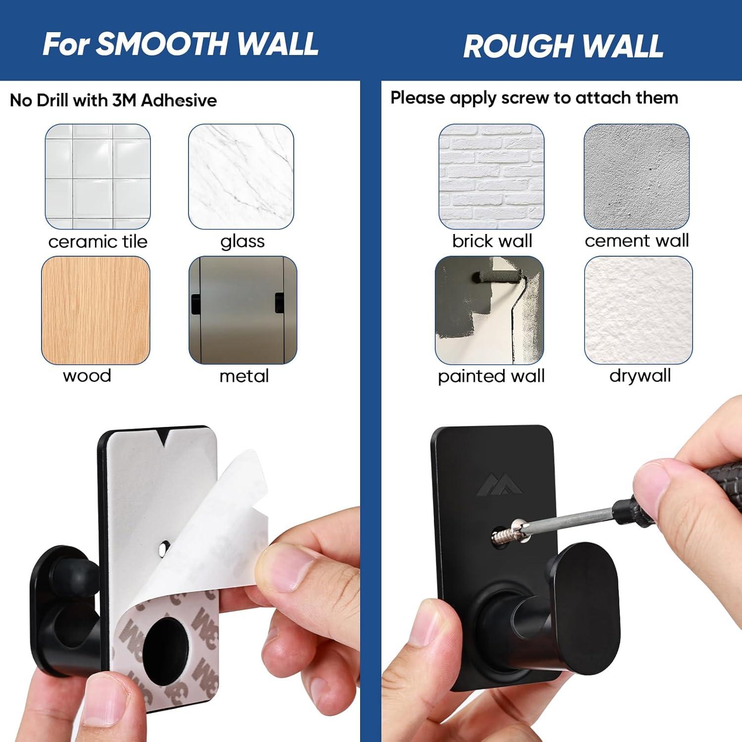 No Drill Curtain Rod Brackets Upgrade 3M Adhesive No Drilling Curtain Rod Holders Renter Friendly Curtain Rod Hooks Nail Free Suitable for Poles 5/8 Inch (2Pcs Black)