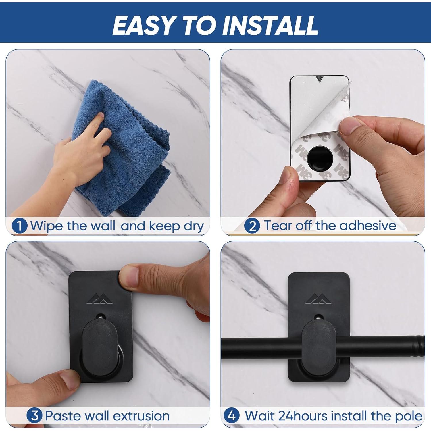 No Drill Curtain Rod Brackets Upgrade 3M Adhesive No Drilling Curtain Rod Holders Renter Friendly Curtain Rod Hooks Nail Free Suitable for Poles 5/8 Inch (2Pcs Black)