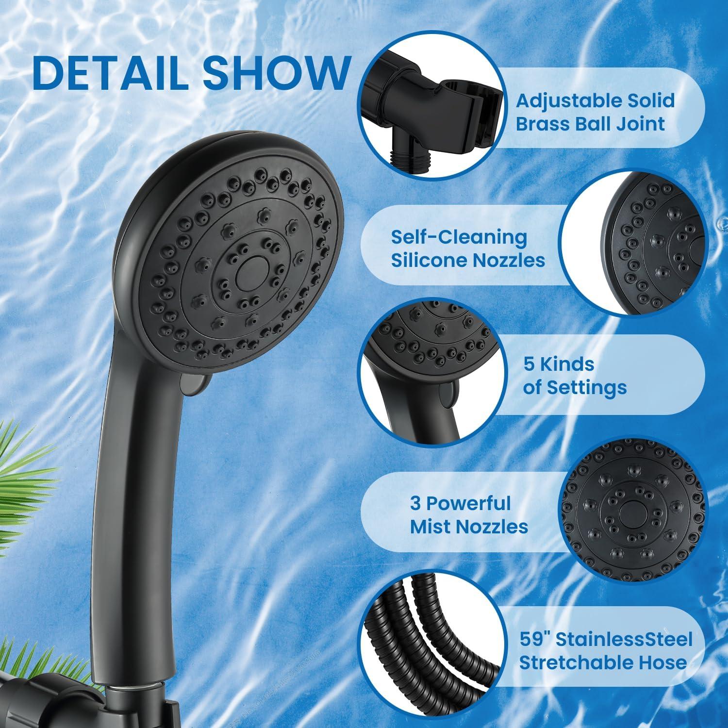 Cabezal de Ducha Axioblis 5 Funciones Alta Presión Negro Mate