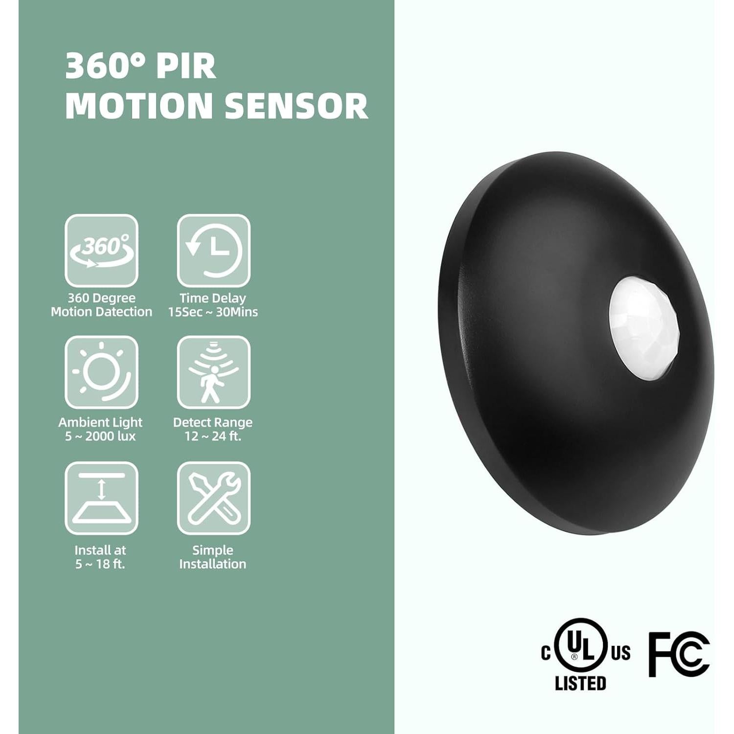 Sensor de Movimiento ECOELER PIR 360° Techo Negro 173.6g