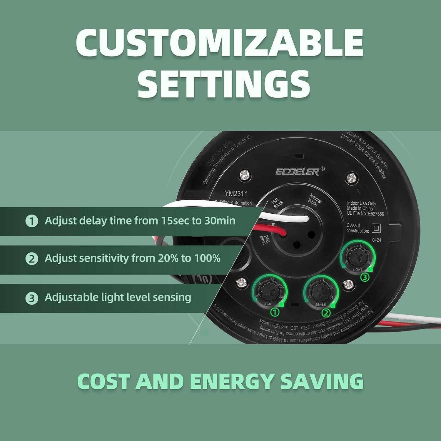 Sensor de Movimiento ECOELER PIR 360° Techo Negro 173.6g