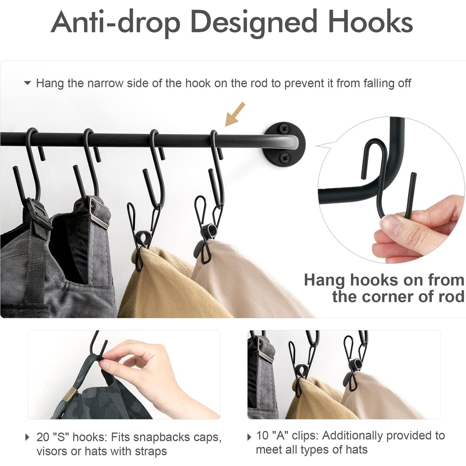 Soporte para Sombreros Mkono Negro, Organizador de Pared 20 Ganchos