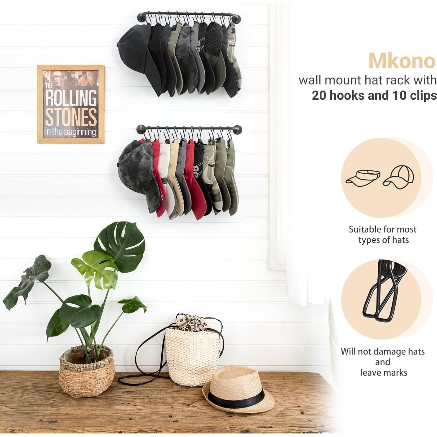 Soporte para Sombreros Mkono Negro, Organizador de Pared 20 Ganchos