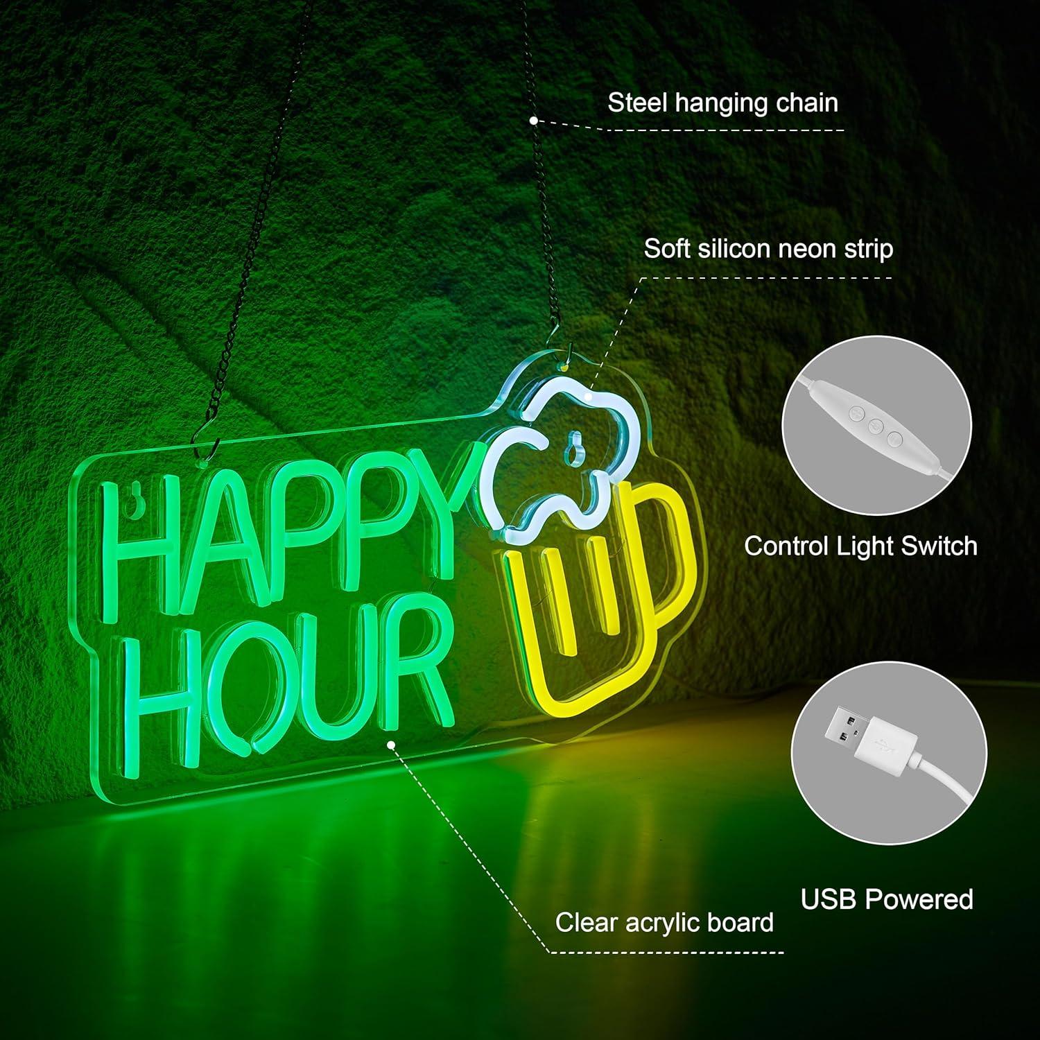 Cartel de Neón LED Hora Feliz Roouneon 43x19 cm Verde