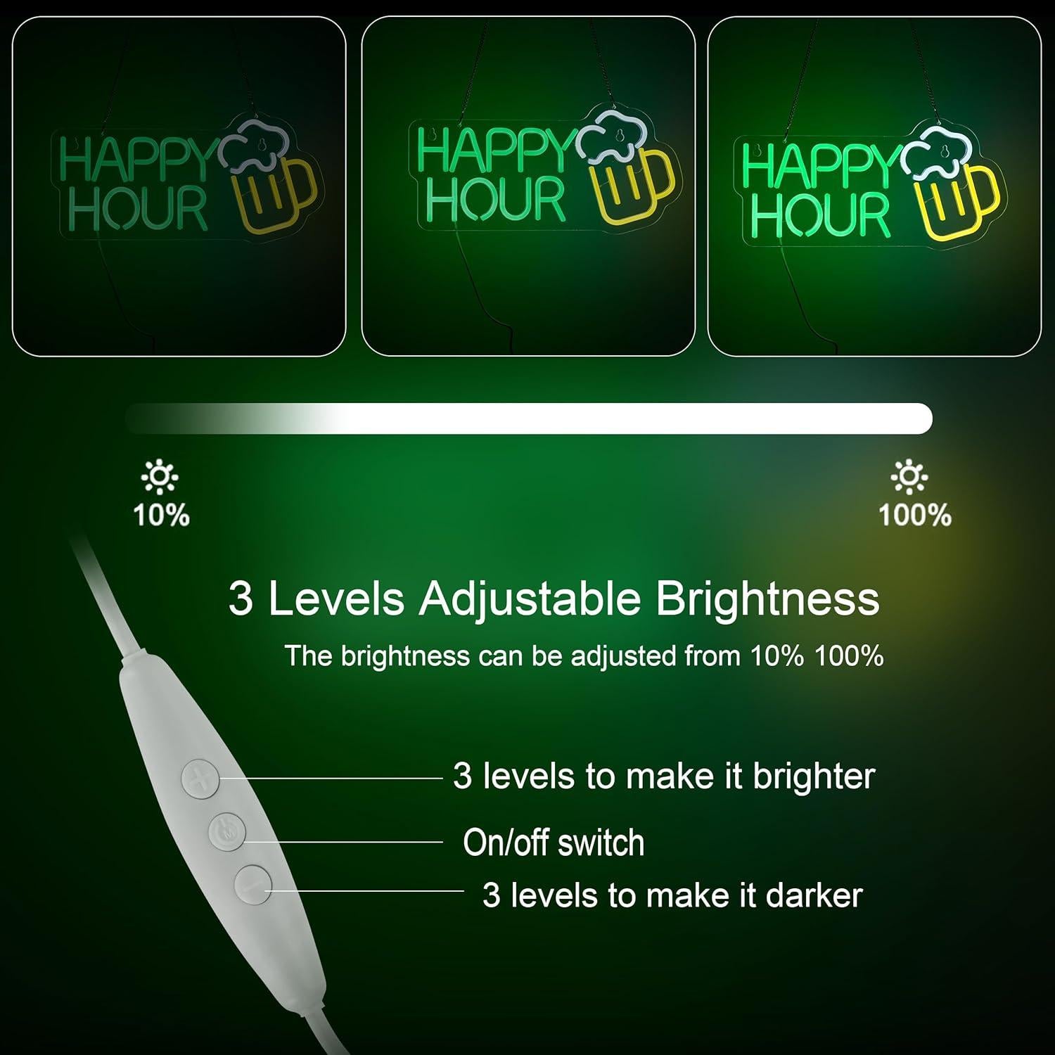 Cartel de Neón LED Hora Feliz Roouneon 43x19 cm Verde