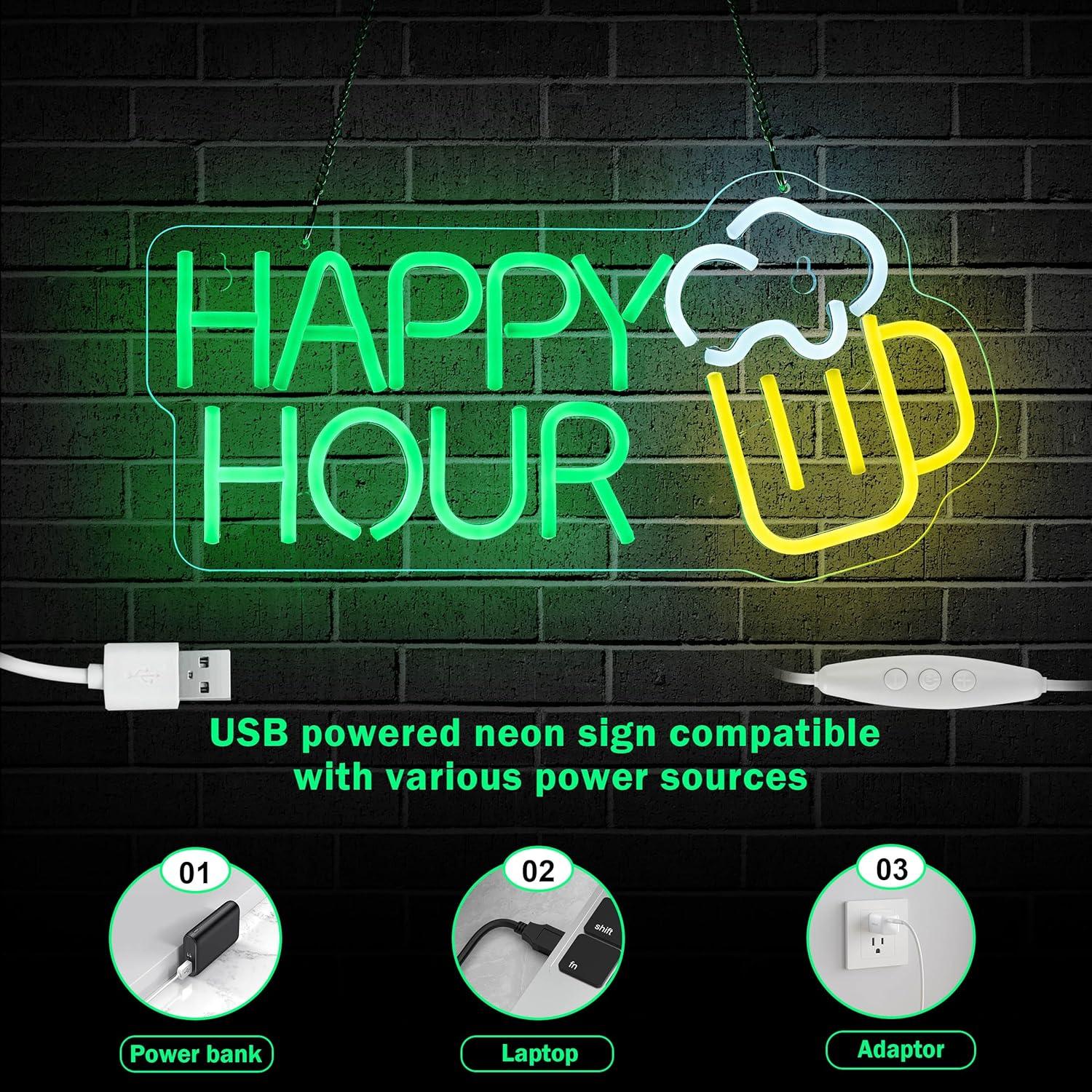 Cartel de Neón LED Hora Feliz Roouneon 43x19 cm Verde