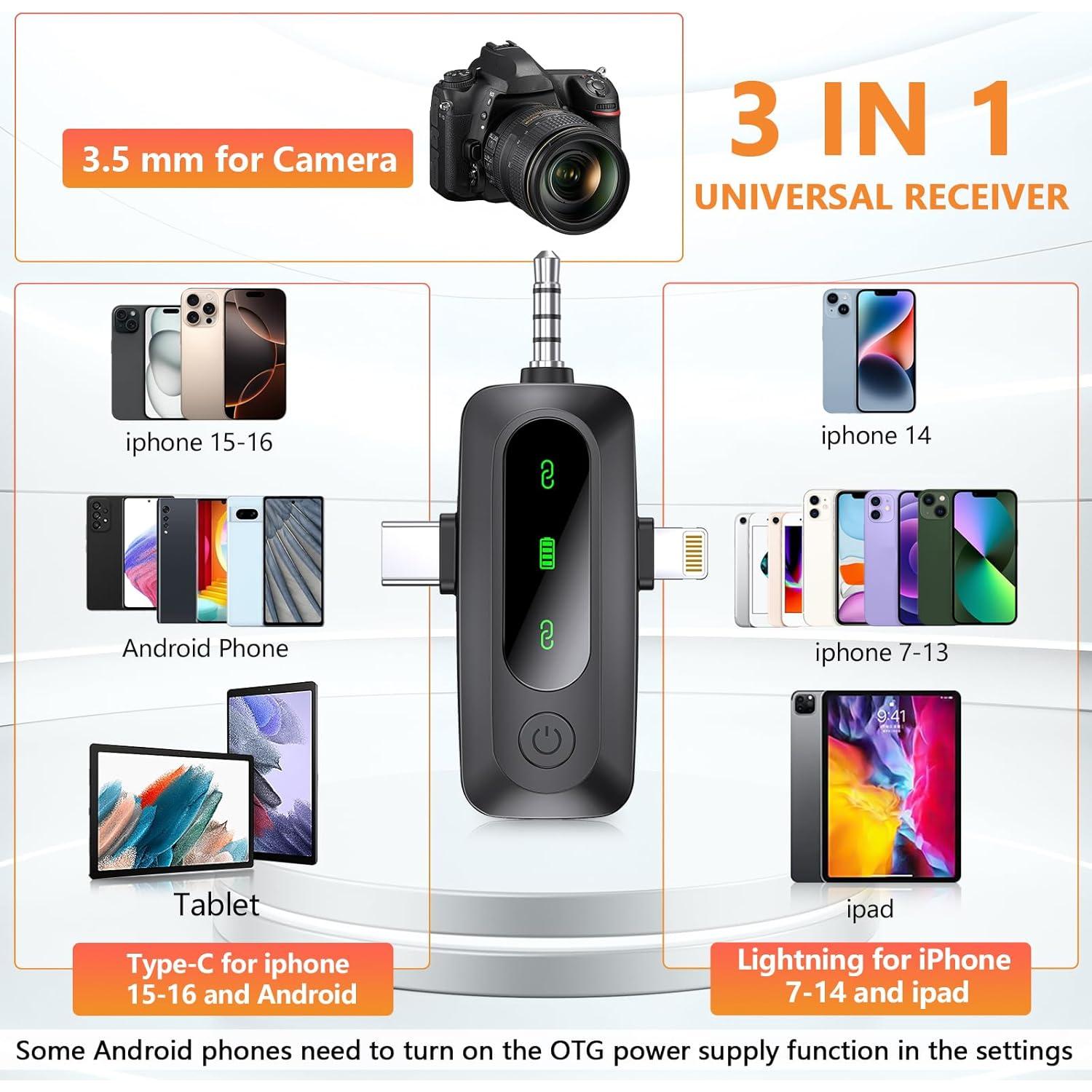 Micrófono Lavalier Inalámbrico 3 en 1 para iPhone y Android