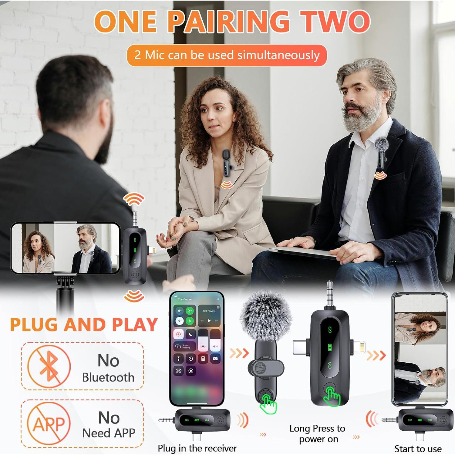 Micrófono Lavalier Inalámbrico 3 en 1 para iPhone y Android