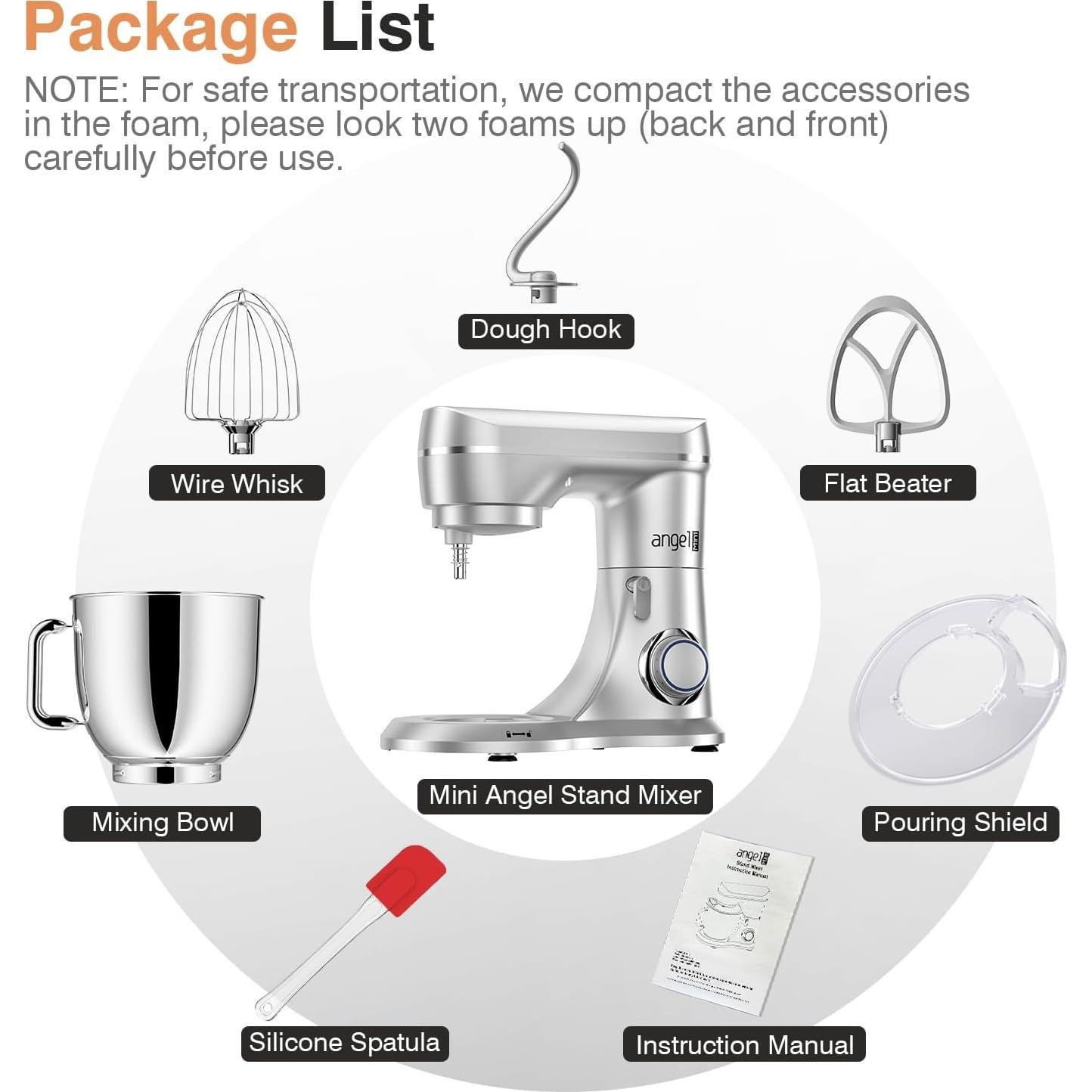 Batidora de Pie Mini Angel 5QT Acero Inoxidable Plateada