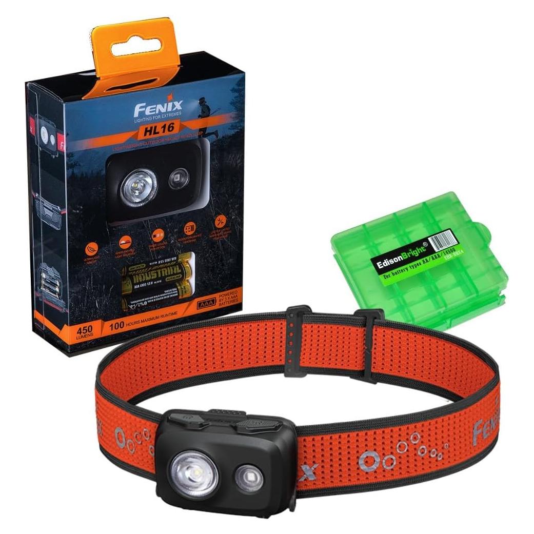 EdisonBright Fenix HL16 450 Lumen Light Weight AAA Battery powerd Hiking/Camping/Jogging headlamp Battery Carrying case (Black)