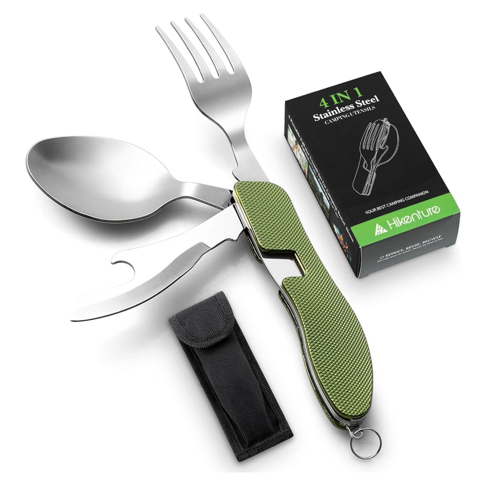 HIKENTURE 4-in-1 Camping Utensils,Stainless Steel Spoon Fork Knife Combo with Bottle Opener,Backpacking Eating Cutlery for Traveling,Hiking,Scouting Hobo Multitool Set (Army Green)