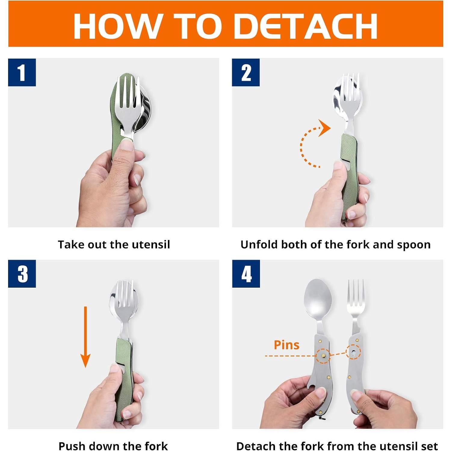 HIKENTURE 4-in-1 Camping Utensils,Stainless Steel Spoon Fork Knife Combo with Bottle Opener,Backpacking Eating Cutlery for Traveling,Hiking,Scouting Hobo Multitool Set (Army Green)