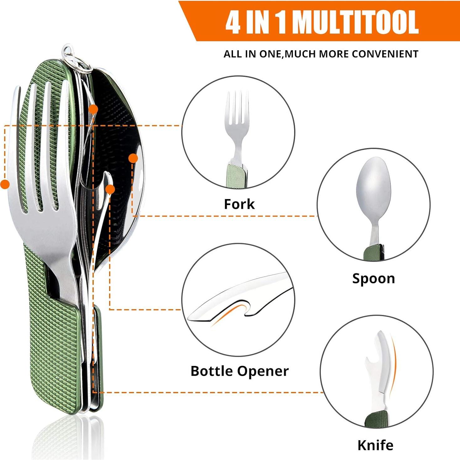 HIKENTURE 4-in-1 Camping Utensils,Stainless Steel Spoon Fork Knife Combo with Bottle Opener,Backpacking Eating Cutlery for Traveling,Hiking,Scouting Hobo Multitool Set (Army Green)