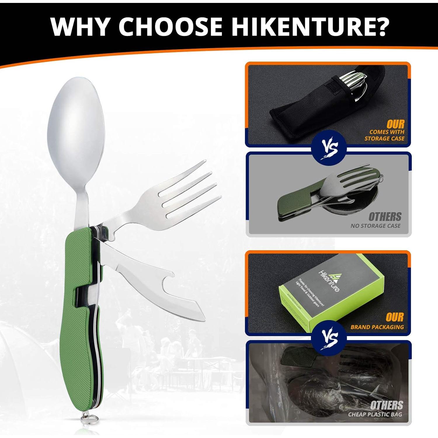 HIKENTURE 4-in-1 Camping Utensils,Stainless Steel Spoon Fork Knife Combo with Bottle Opener,Backpacking Eating Cutlery for Traveling,Hiking,Scouting Hobo Multitool Set (Army Green)