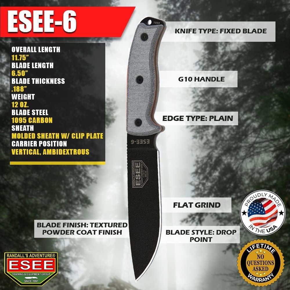 Cuchillo de Hoja Fija ESEE 6P con Funda Moldeada - Acero 1095