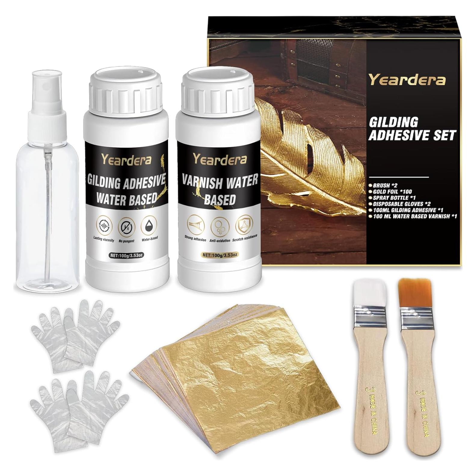 Kit de Hoja de Oro Yeardera 100ml Adhesivo y Barniz 100 Hojas