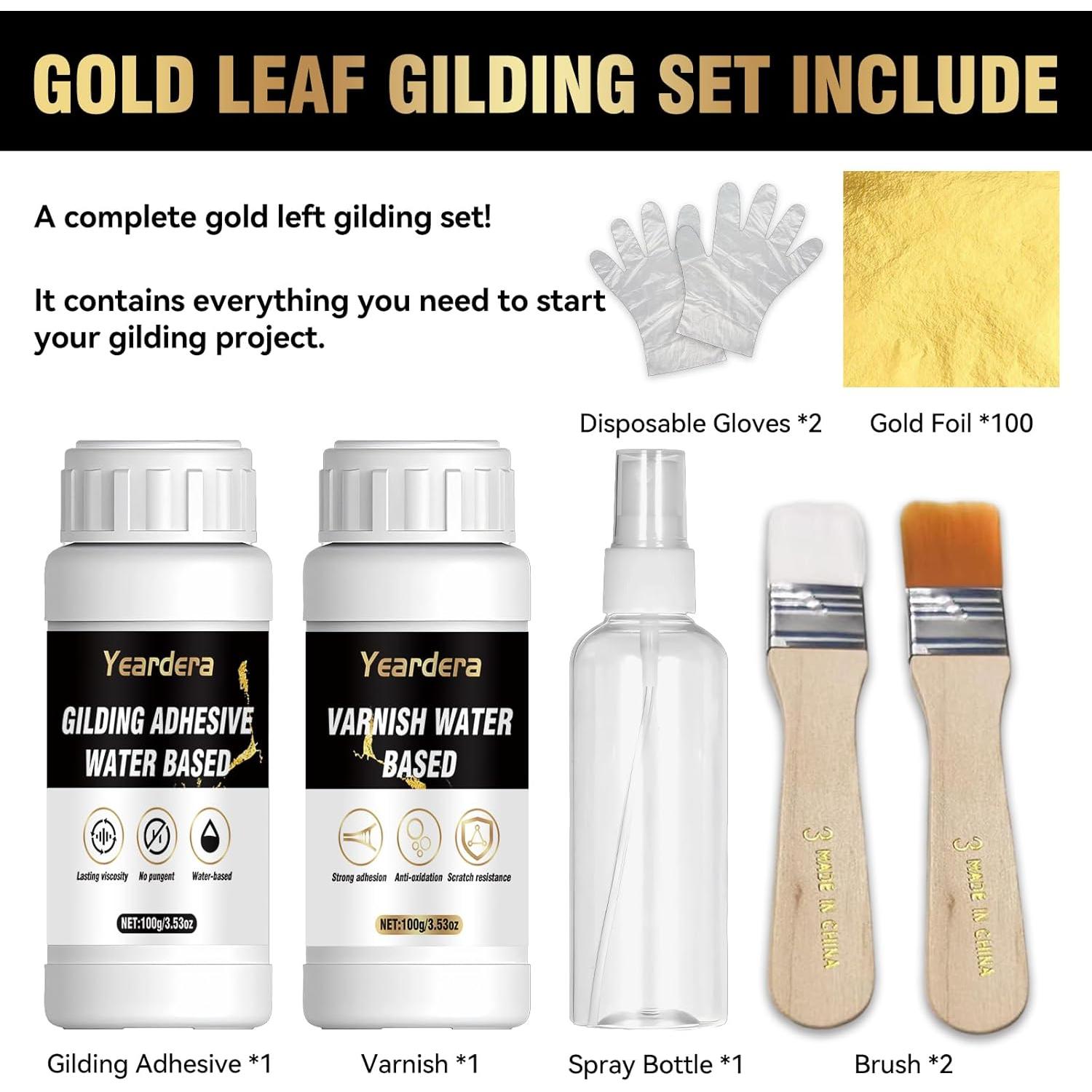 Kit de Hoja de Oro Yeardera 100ml Adhesivo y Barniz 100 Hojas