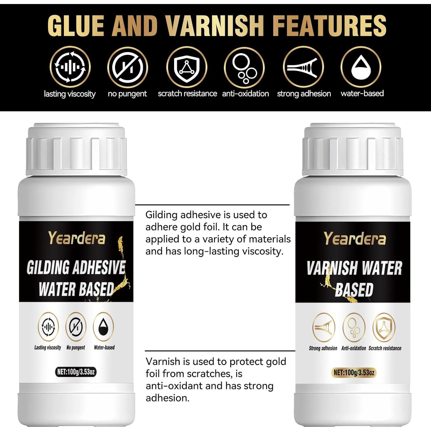 Kit de Hoja de Oro Yeardera 100ml Adhesivo y Barniz 100 Hojas