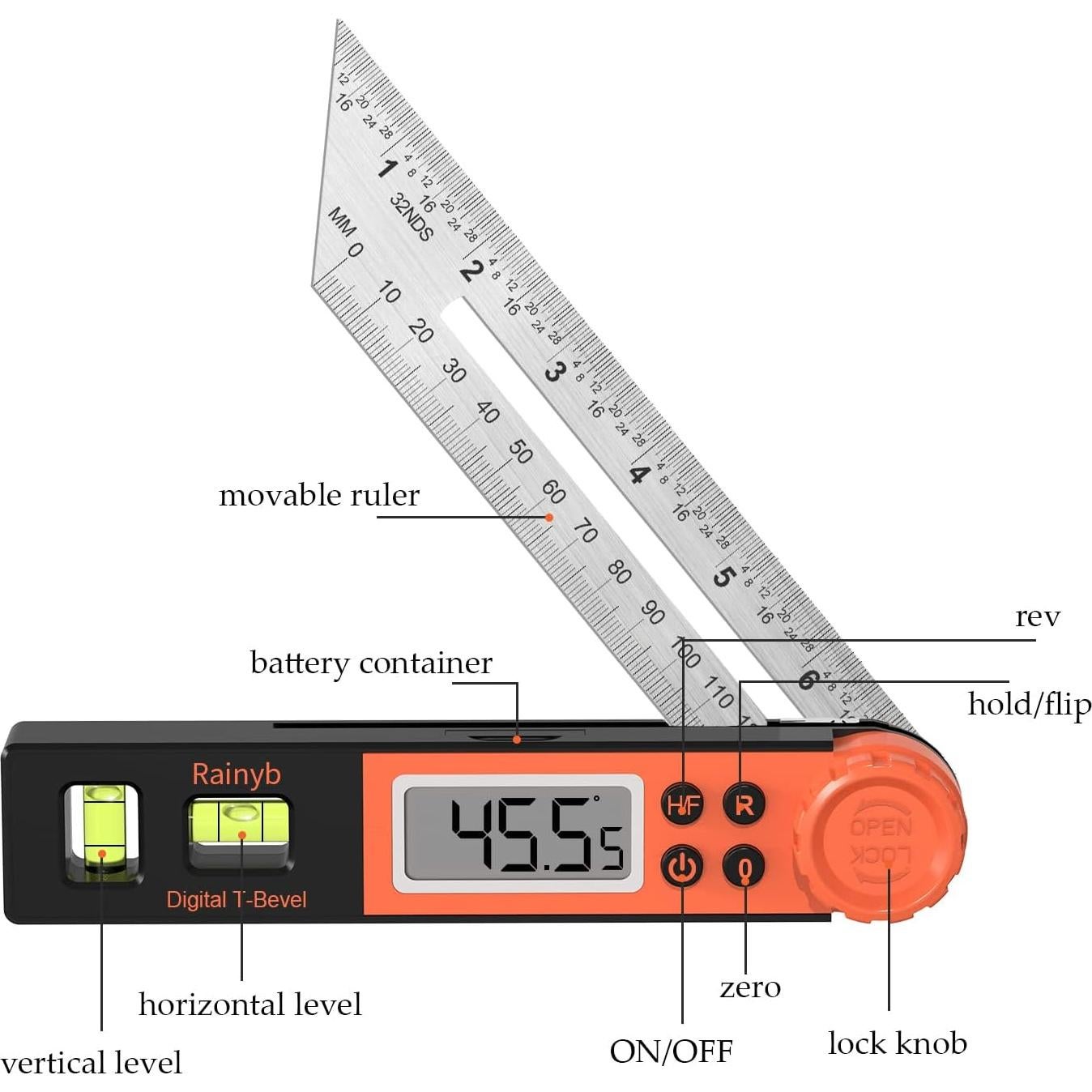 Transportador de Ángulo Digital Rainyb NJDC09 con Pantalla LCD