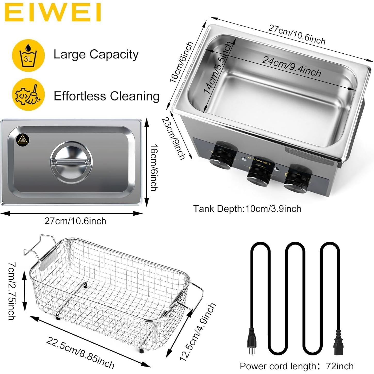 Limpiador Ultrasónico Profesional EIWEI 3L con Calentador y Temporizador