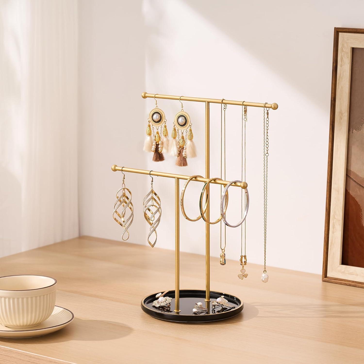 Soporte de Joyería Josmimic con Bandeja Cerámica Dorada 30 cm