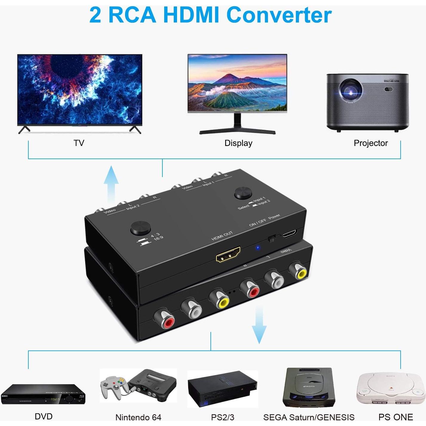 Convertidor RCA a HDMI Azda 1080P 2 Vías Plug and Play