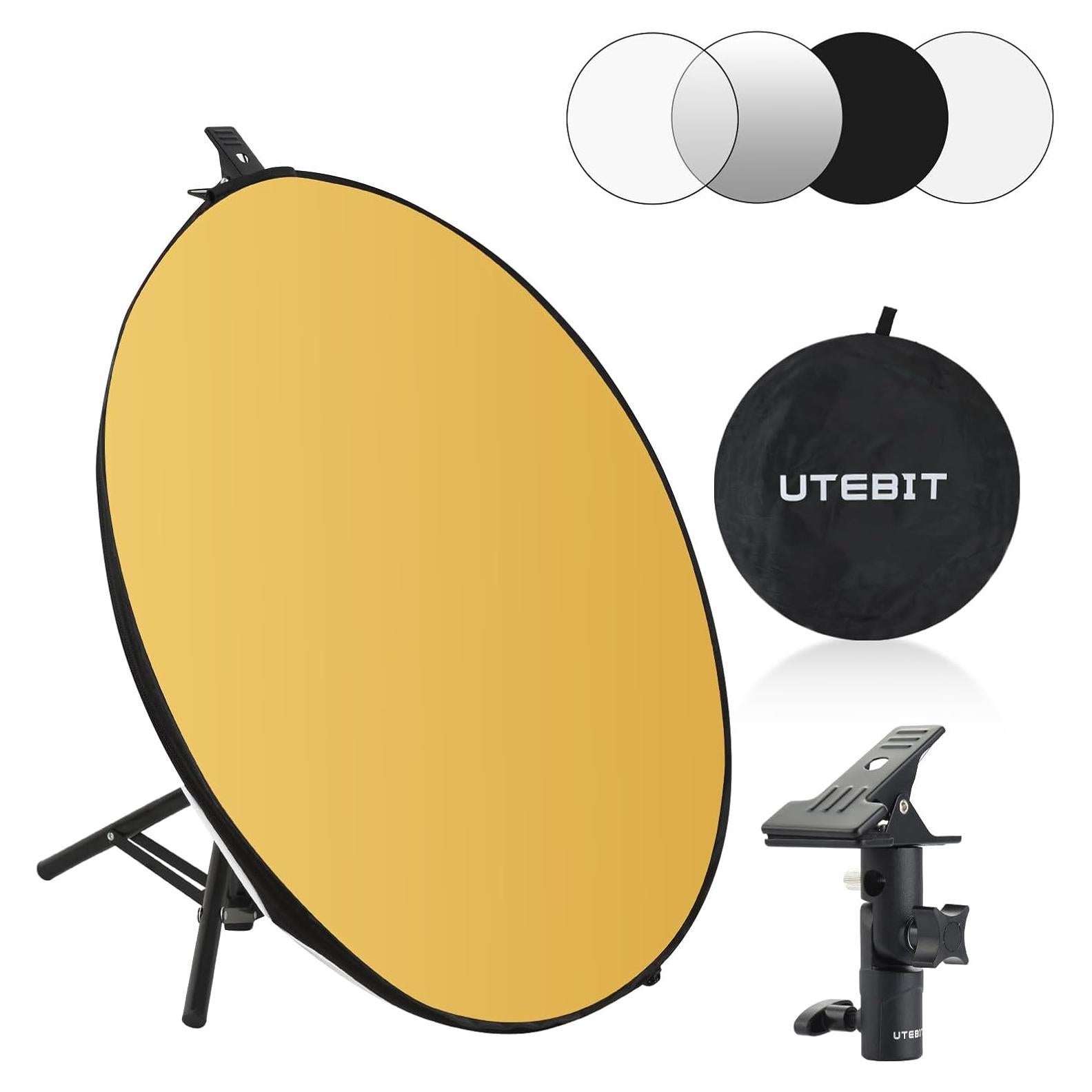 UTEBIT Light Reflector Stand Kit with Stand Diffuser 5 in 1 Collapsible Multi Disc with Bag, Photography Reflector Holder-Translucent/Silver/Gold/White/Black (24 Inch)