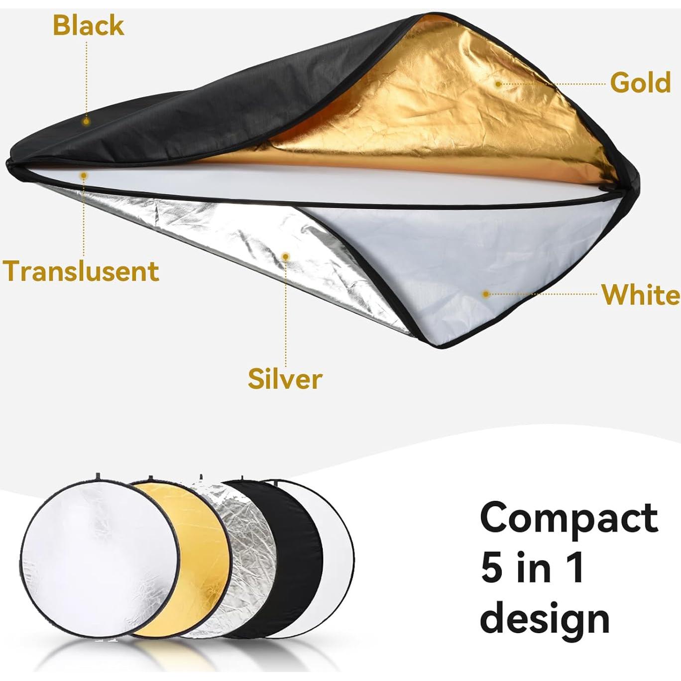 UTEBIT Light Reflector Stand Kit with Stand Diffuser 5 in 1 Collapsible Multi Disc with Bag, Photography Reflector Holder-Translucent/Silver/Gold/White/Black (24 Inch)