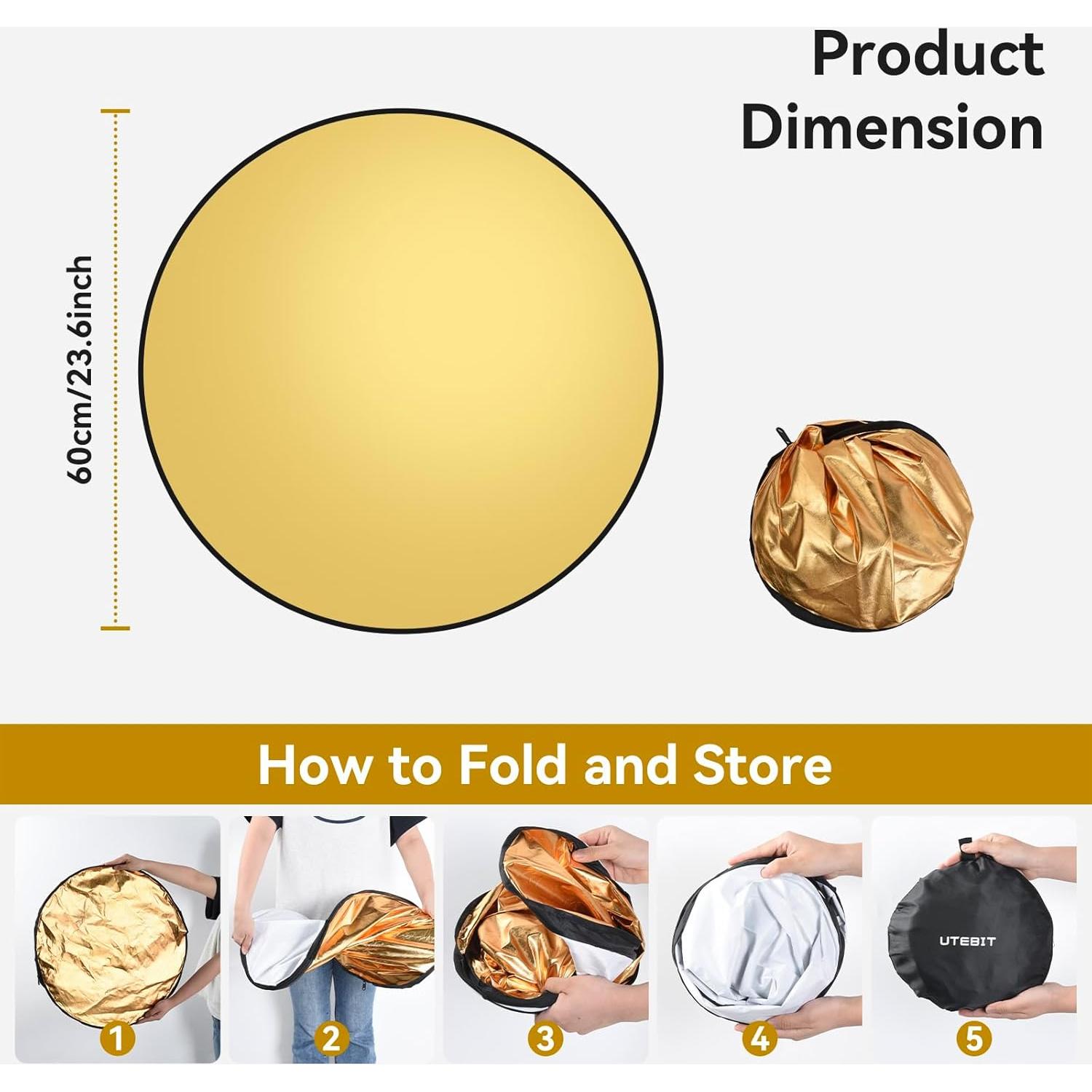 UTEBIT Light Reflector Stand Kit with Stand Diffuser 5 in 1 Collapsible Multi Disc with Bag, Photography Reflector Holder-Translucent/Silver/Gold/White/Black (24 Inch)