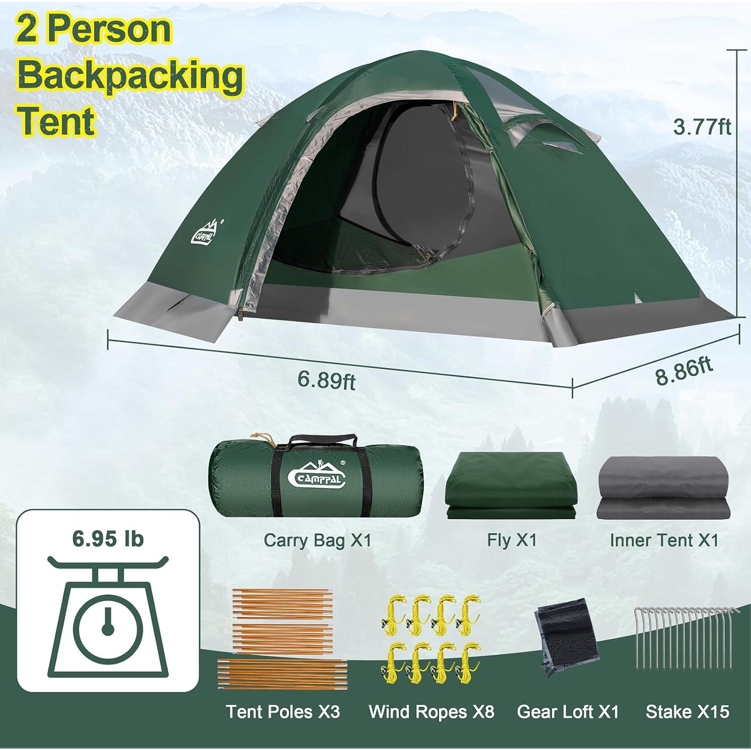 Tienda de Camping Camppal para 2 Personas Impermeable 4 Estaciones