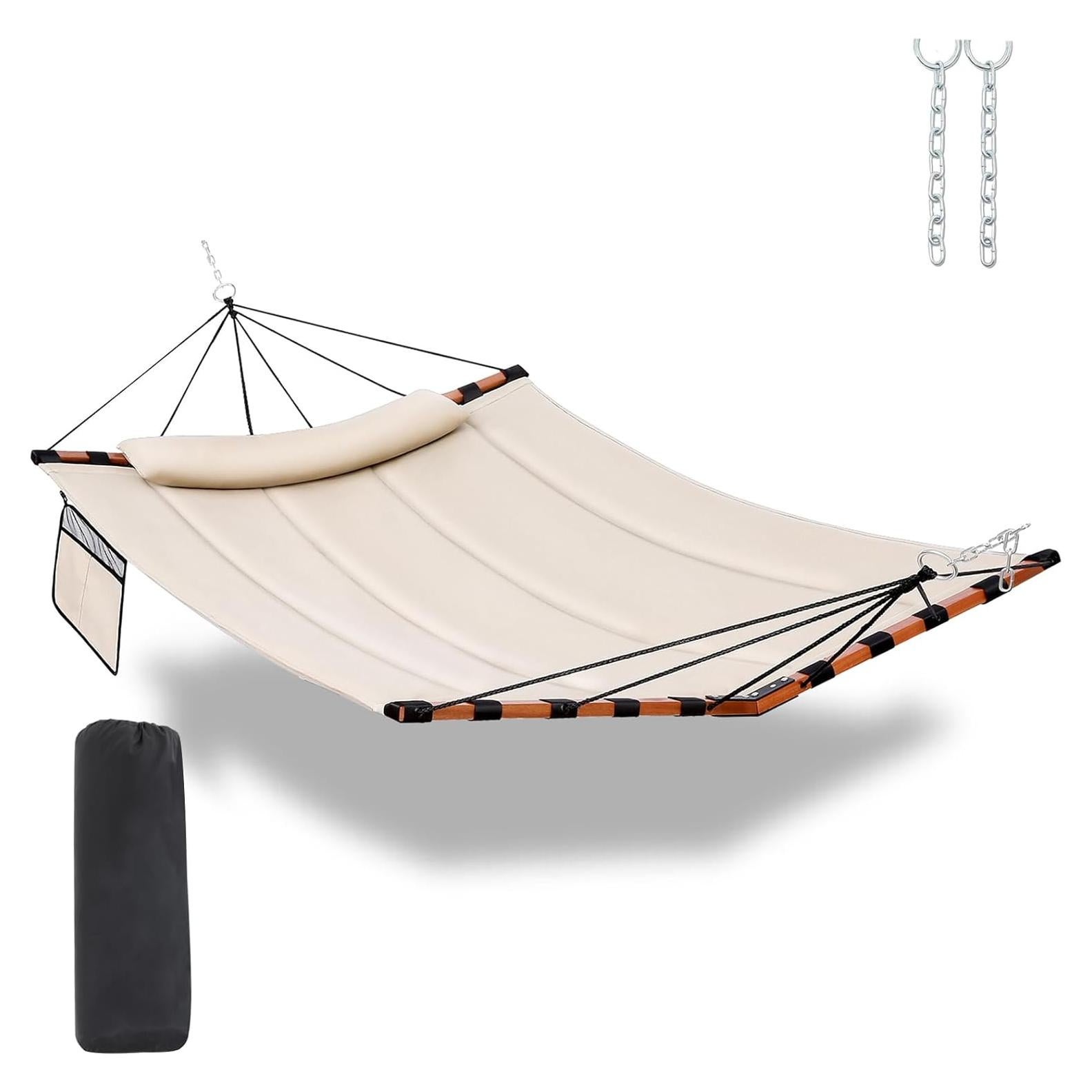 TegerDeger 12FT 2 Person Hammock Large Hammock 450LB Capacity with V Shaped Hardwood Spreader Bar & Nylon Rope for Outside, Patio, Garden, Backyard, Beach, Poolside - Beige