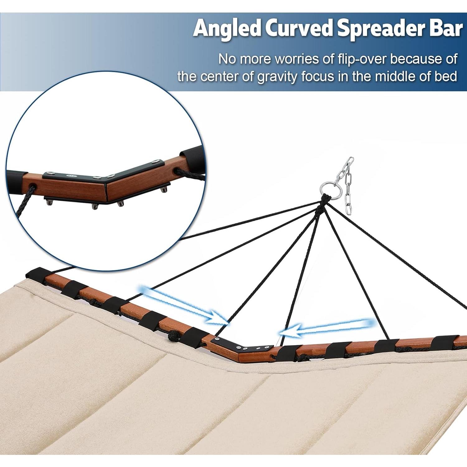 TegerDeger 12FT 2 Person Hammock Large Hammock 450LB Capacity with V Shaped Hardwood Spreader Bar & Nylon Rope for Outside, Patio, Garden, Backyard, Beach, Poolside - Beige