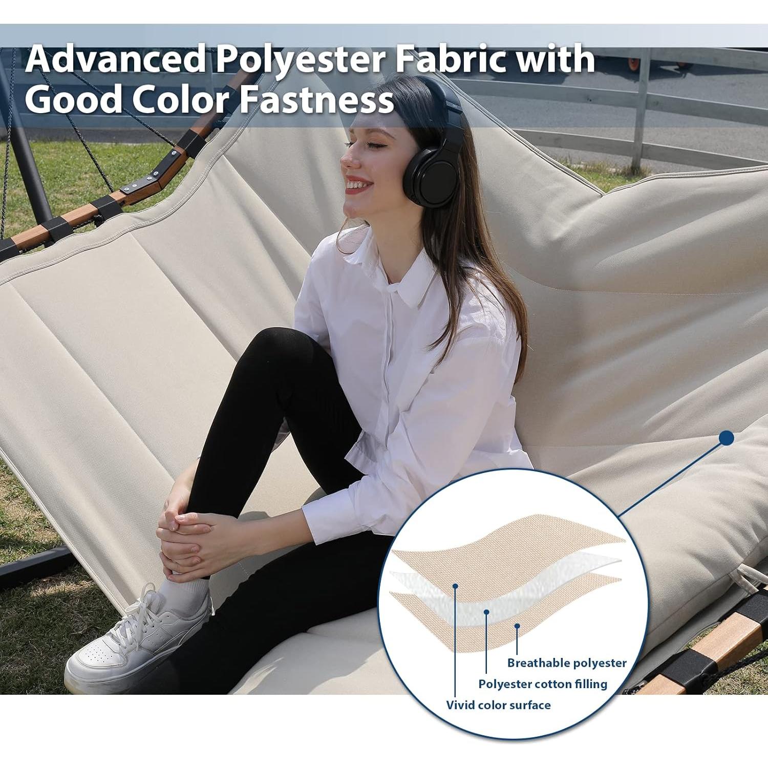 TegerDeger 12FT 2 Person Hammock Large Hammock 450LB Capacity with V Shaped Hardwood Spreader Bar & Nylon Rope for Outside, Patio, Garden, Backyard, Beach, Poolside - Beige