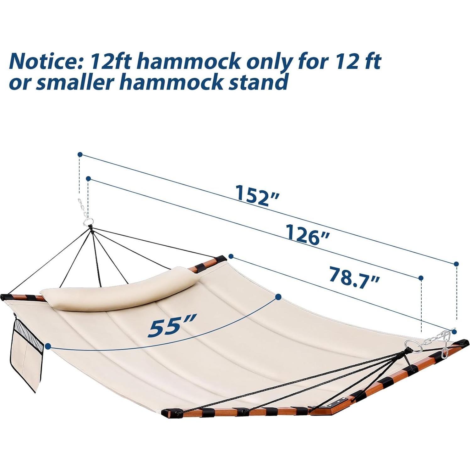TegerDeger 12FT 2 Person Hammock Large Hammock 450LB Capacity with V Shaped Hardwood Spreader Bar & Nylon Rope for Outside, Patio, Garden, Backyard, Beach, Poolside - Beige