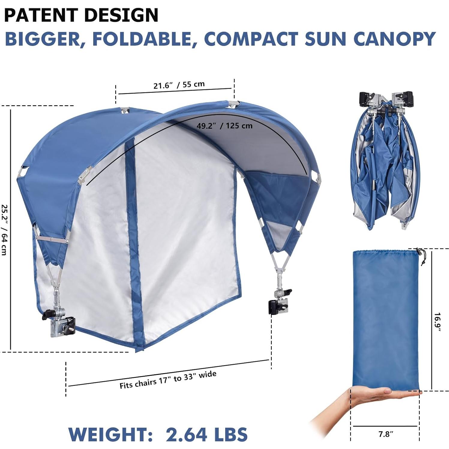 Universal Chair Canopy Umbrella, UPF 50+ Sun Shade with Adjustable Clamp Clip for Beach, Camping, Sports, Lawn, Zero Gravity, Wheelchair, Wagon