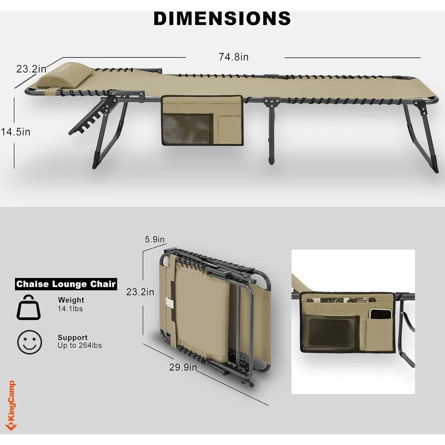 Silla Lounge Plegable KingCamp KC2029 Beige 5 Posiciones