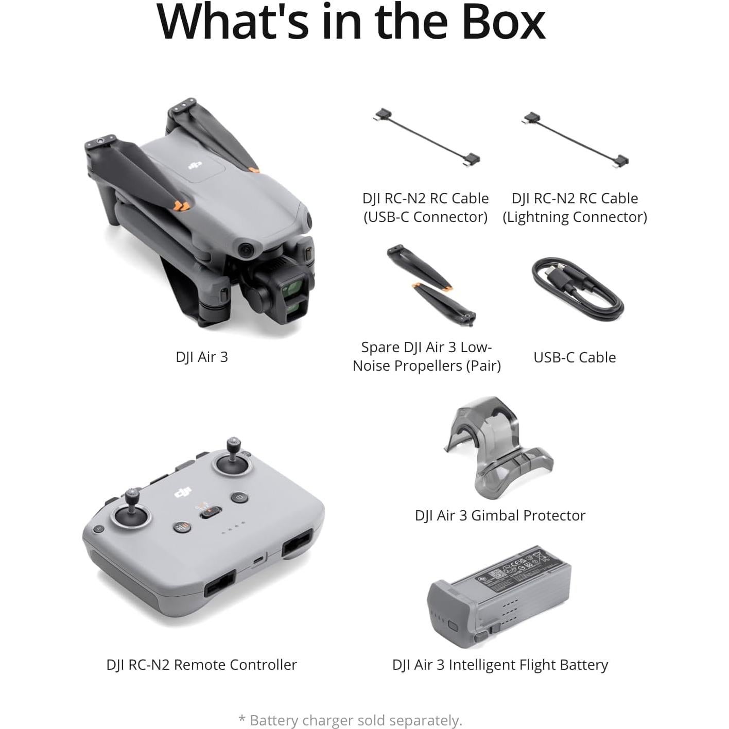 Drone DJI Air 3 RC-N2, 48MP, 4K, 46 min vuelo, Detección Obstáculos