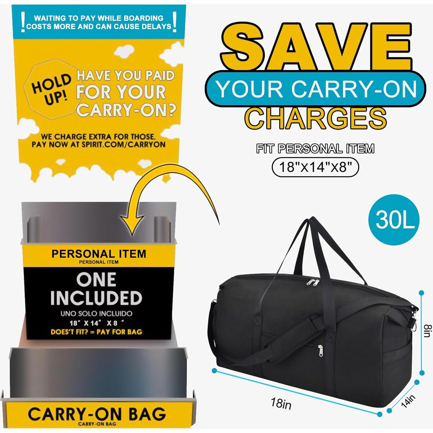 Bolsa de Viaje Plegable Spirit Airlines 30L Negra 45.7x35.6x20.3 cm