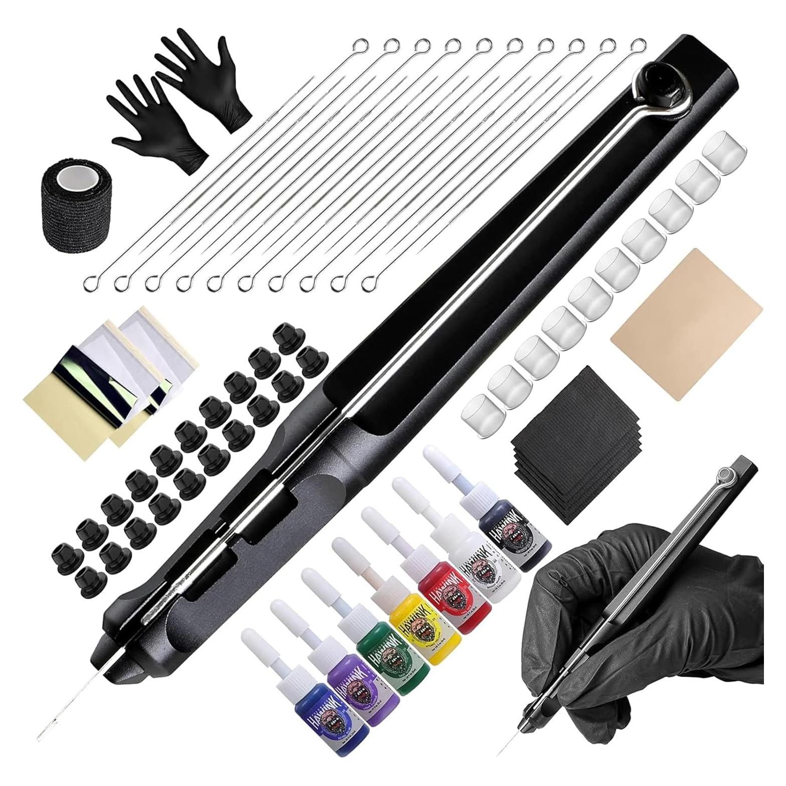Kit de Tatuaje Hawink con Pluma, 7 Tintas y 20 Agujas