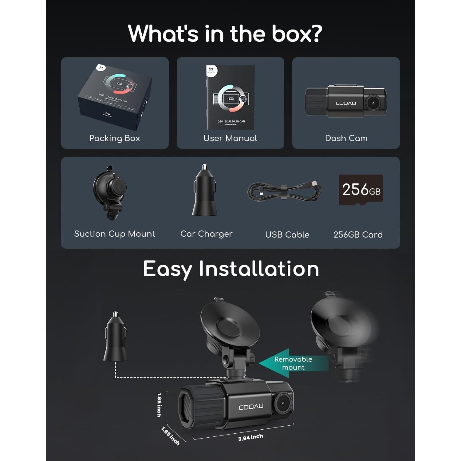 Cámara de Salpicadero COOAU D20 Doble 2.5K 1080P con GPS y WiFi