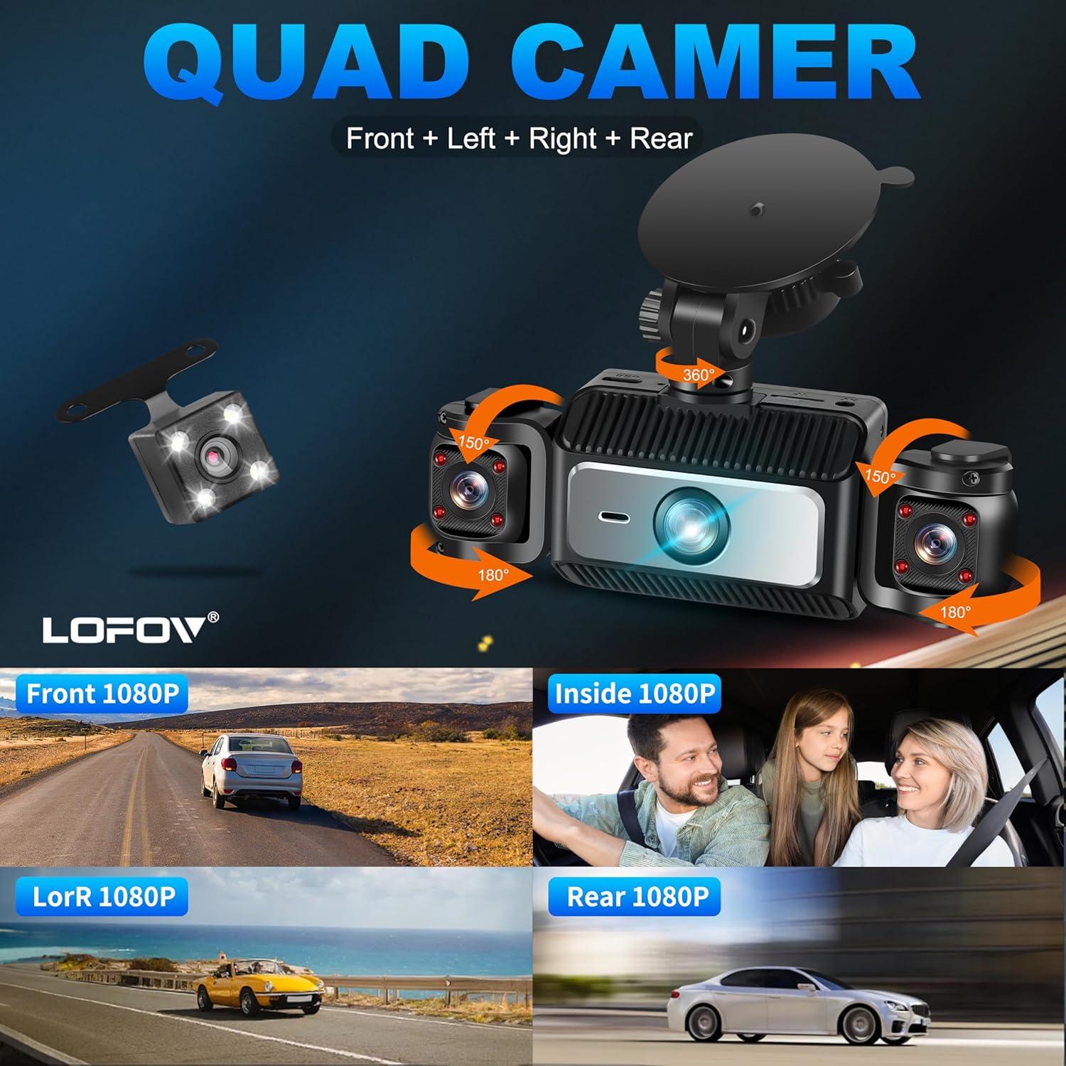 Cámara Dash 360° 4 Canales LOFOV FHD 1080P con SD 64GB