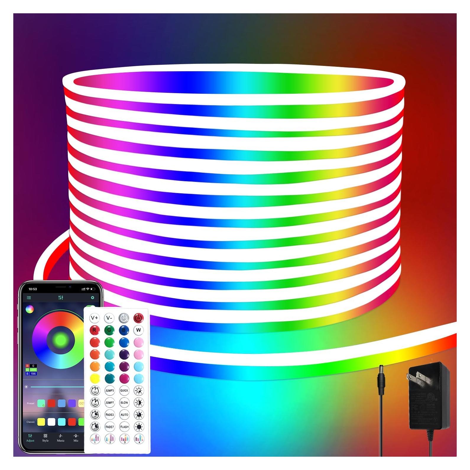 30Ft LED Rope Lights 24V RGB LED Strip Lights with Remote Control APP Control IP65 Waterproof Flexible Neon LED Lights for Bedroom Room Outdoors Décor