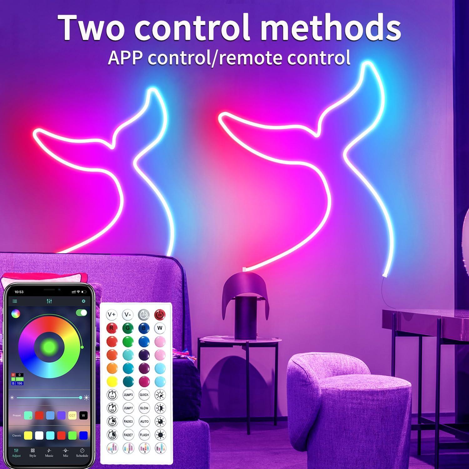 30Ft LED Rope Lights 24V RGB LED Strip Lights with Remote Control APP Control IP65 Waterproof Flexible Neon LED Lights for Bedroom Room Outdoors Décor