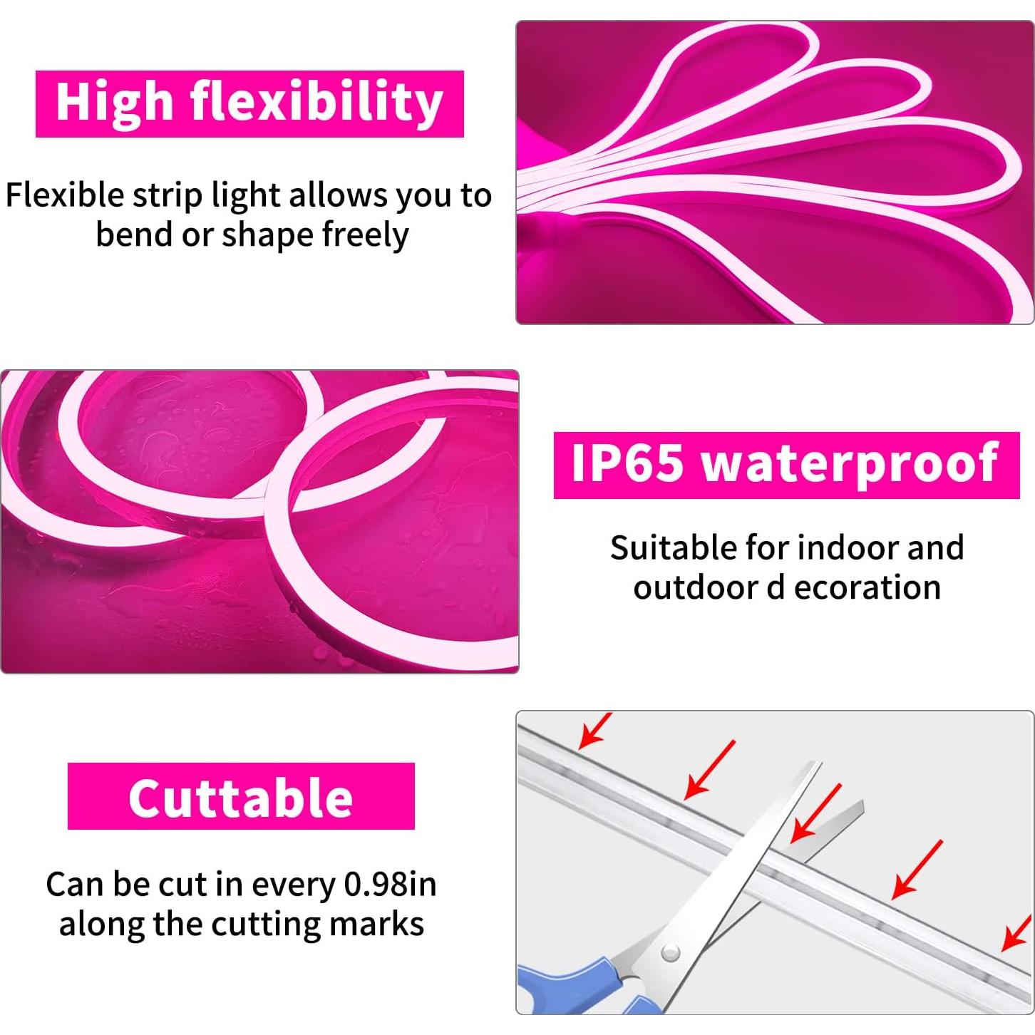 30Ft LED Rope Lights 24V RGB LED Strip Lights with Remote Control APP Control IP65 Waterproof Flexible Neon LED Lights for Bedroom Room Outdoors Décor