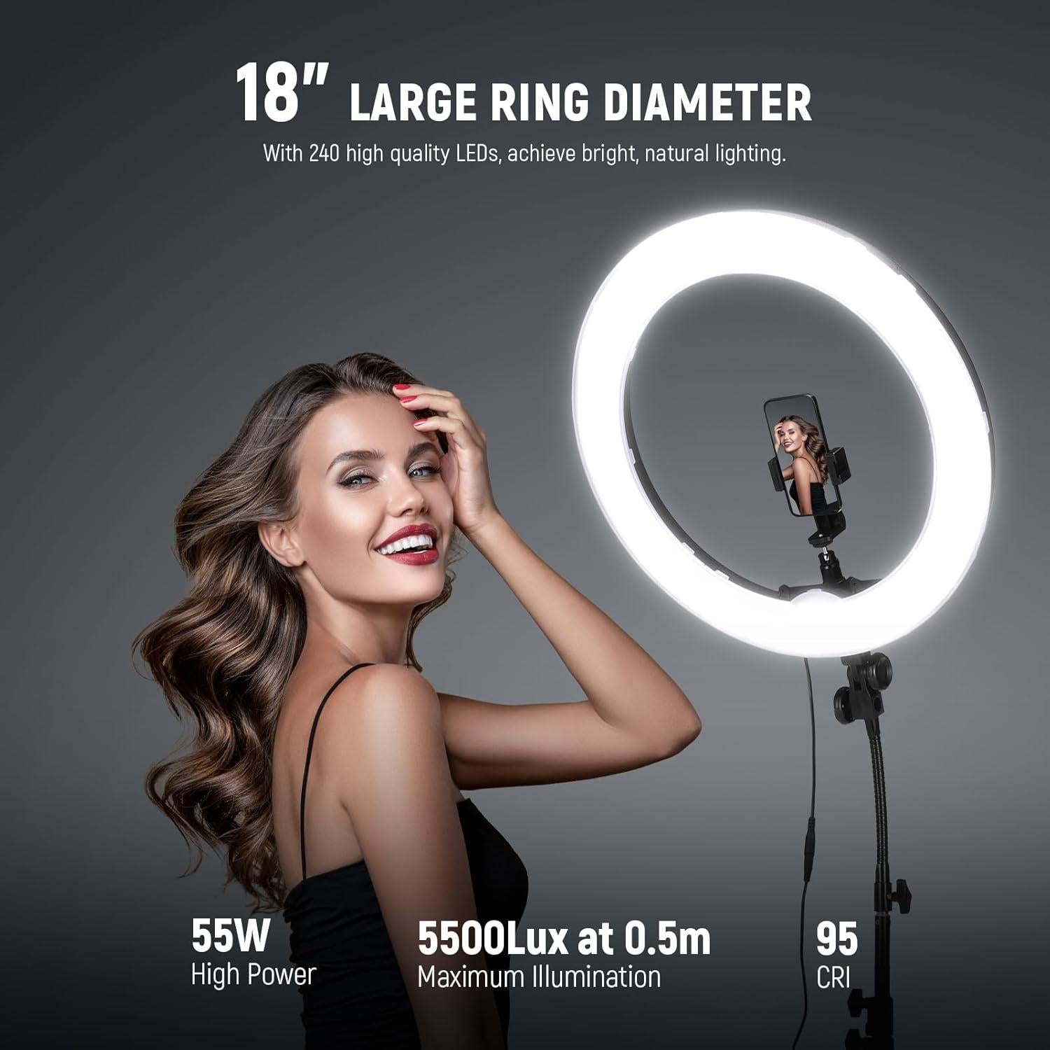 NEEWER 18 Inch Ring Light with Tripod Stand, 55W Large LED Ringlight, Cold Shoe Phone Holder Compatible with iPhone Camera for Video Recording Photography Streaming Selfie Makeup Studio Photo, RL-18