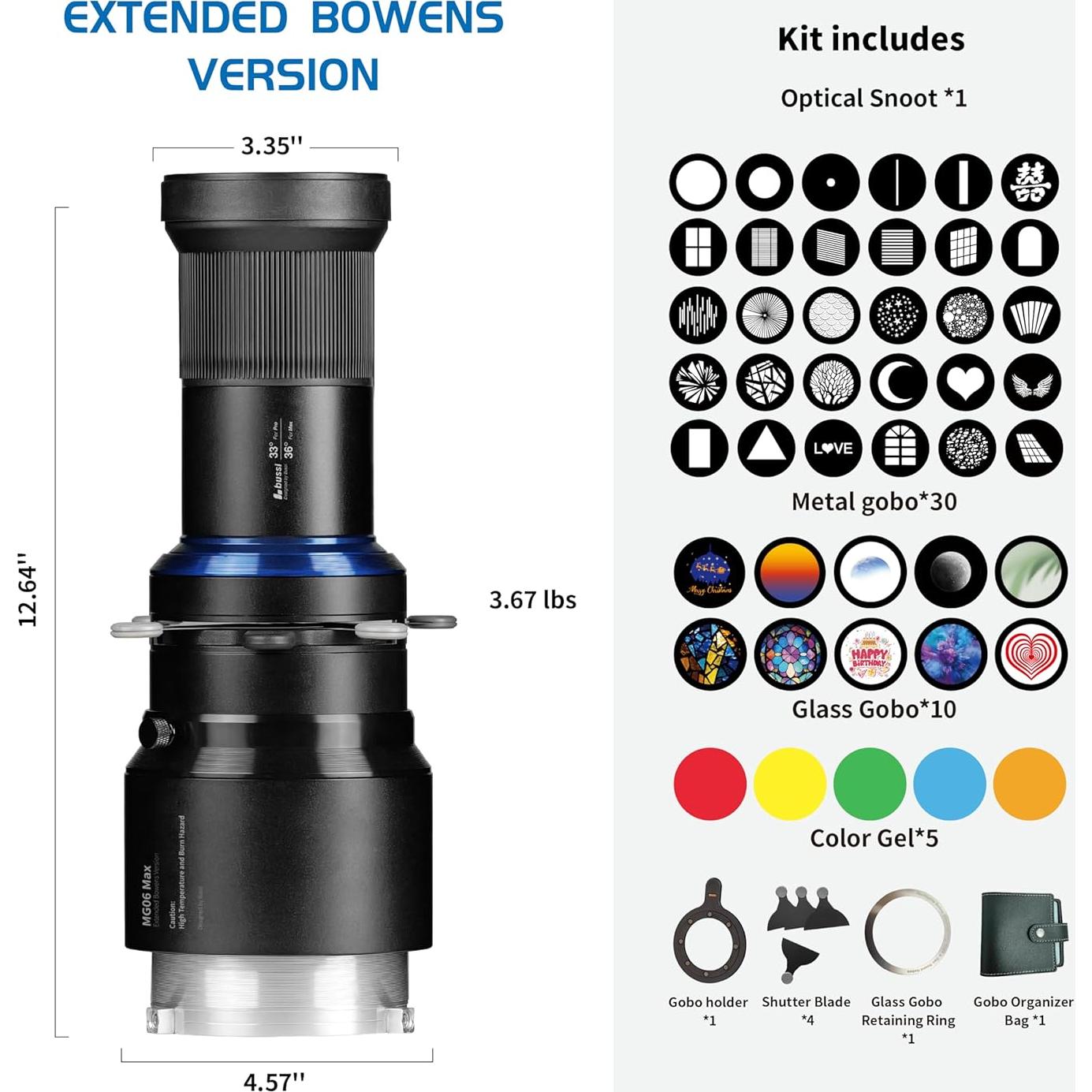 Snoot Óptico Bussi MG06 Max con 40 Gobos y Lente 36°