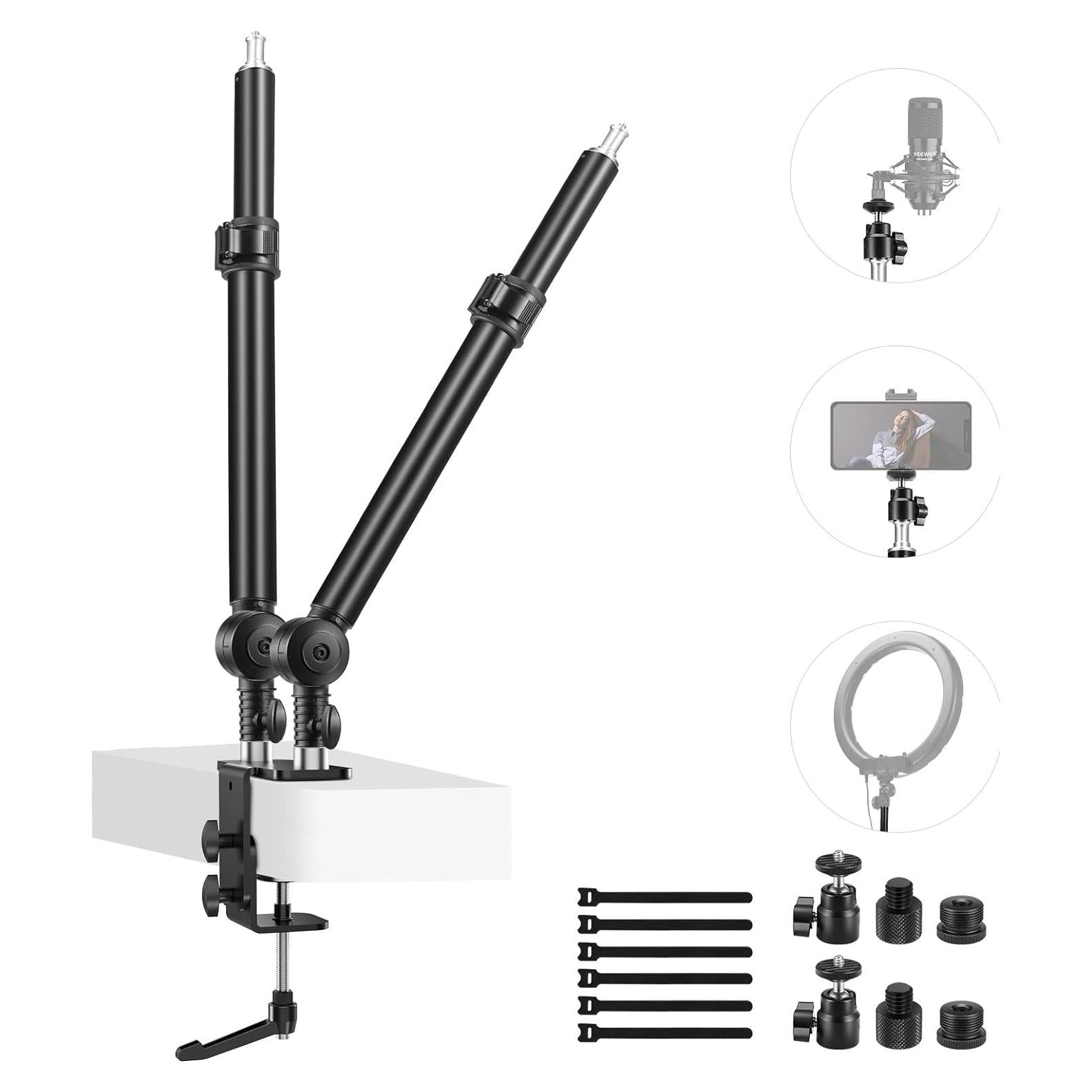 NEEWER Upgraded C Clamp Desk Mount for Dual Camera Mount Stand, 225° Tilt & 360° Swivel Telescopic 17.7"-24.8" Desktop Webcam Stand for DSLRs Overhead Photography Ring Light Phone Action Camera