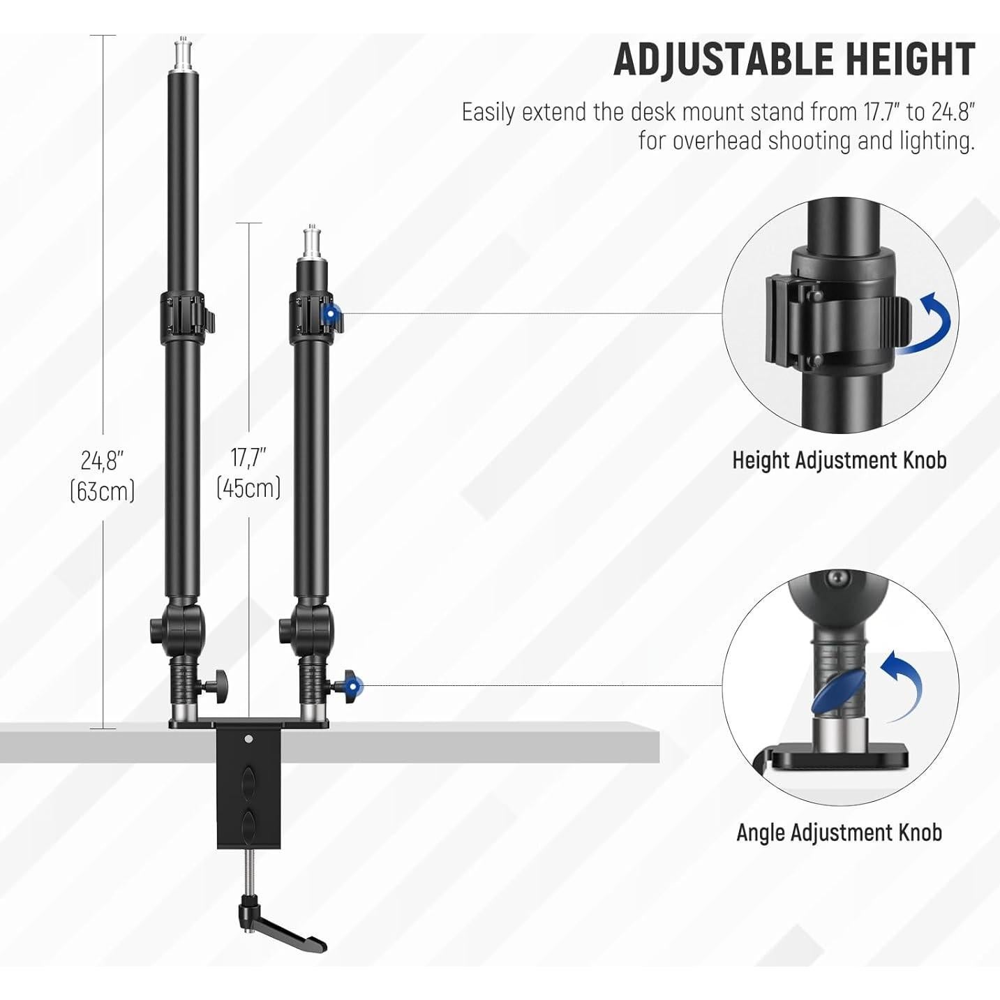 NEEWER Upgraded C Clamp Desk Mount for Dual Camera Mount Stand, 225° Tilt & 360° Swivel Telescopic 17.7"-24.8" Desktop Webcam Stand for DSLRs Overhead Photography Ring Light Phone Action Camera
